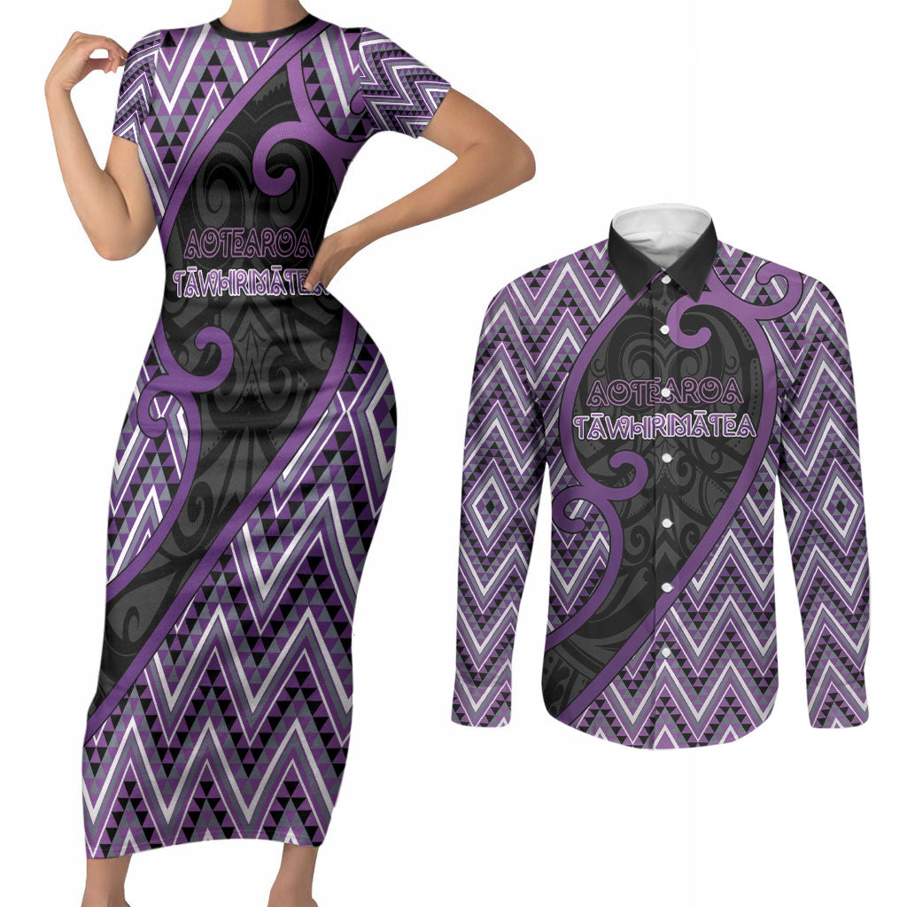 Custom Aotearoa Atua Tawhirimatea Couples Matching Short Sleeve Bodycon Dress and Long Sleeve Button Shirt God Of Storms Koru Patterns