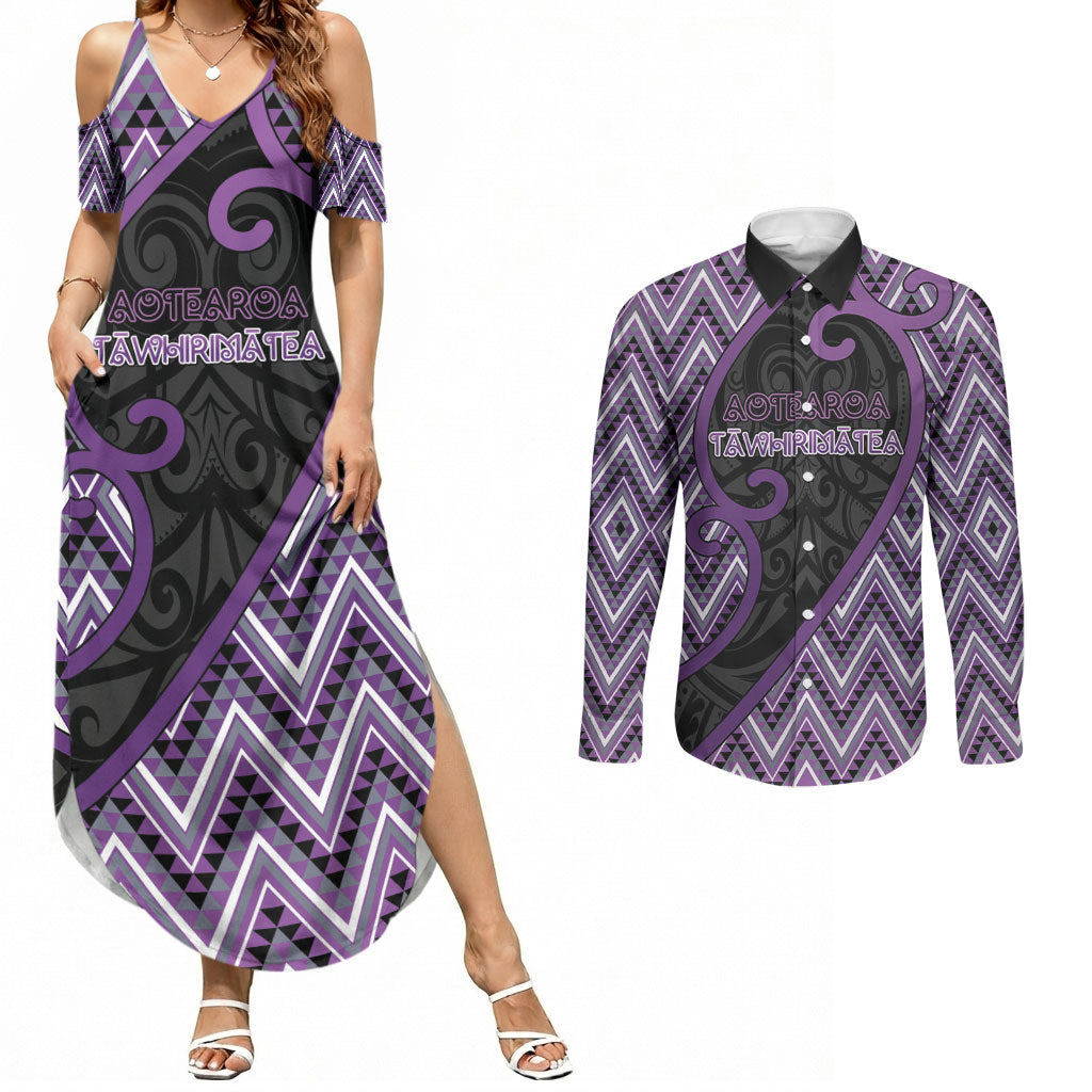 Custom Aotearoa Atua Tawhirimatea Couples Matching Summer Maxi Dress and Long Sleeve Button Shirt God Of Storms Koru Patterns