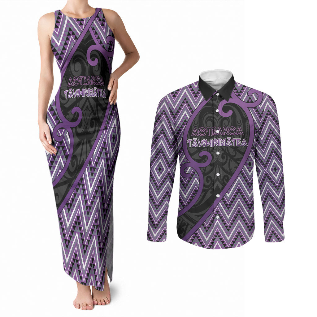 Custom Aotearoa Atua Tawhirimatea Couples Matching Tank Maxi Dress and Long Sleeve Button Shirt God Of Storms Koru Patterns