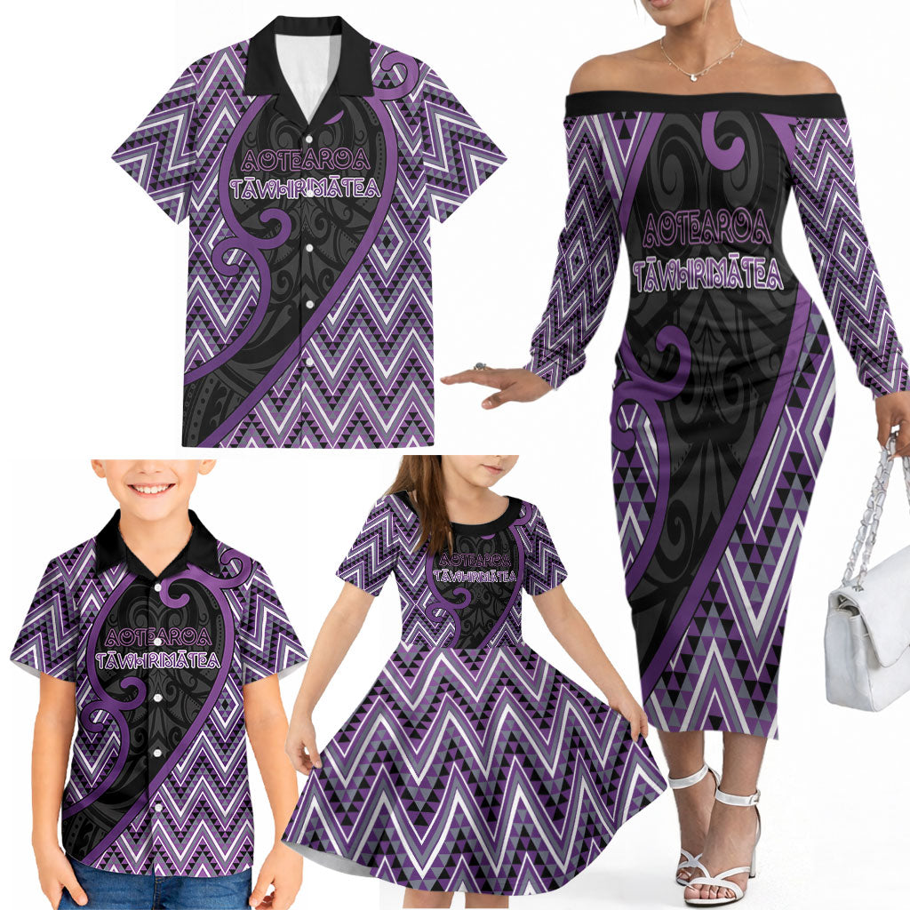 Custom Aotearoa Atua Tawhirimatea Family Matching Off The Shoulder Long Sleeve Dress and Hawaiian Shirt God Of Storms Koru Patterns
