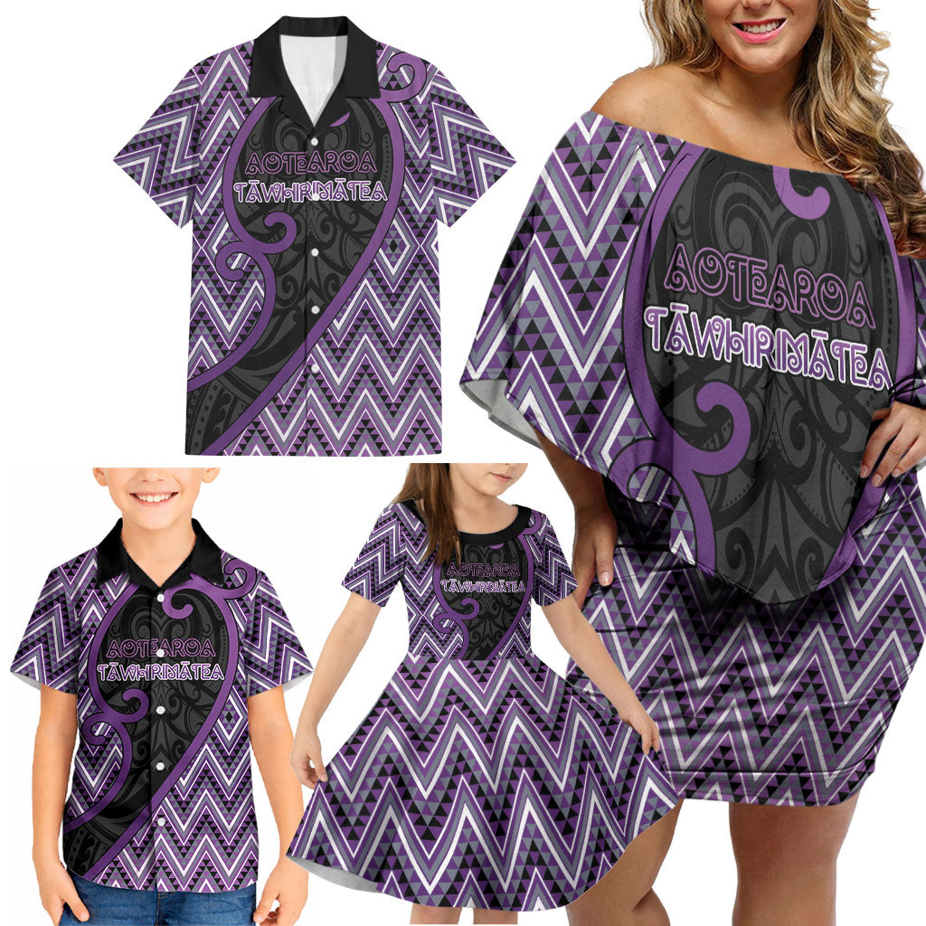 Custom Aotearoa Atua Tawhirimatea Family Matching Off Shoulder Short Dress and Hawaiian Shirt God Of Storms Koru Patterns