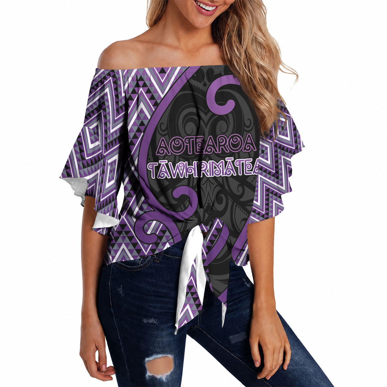 Custom Aotearoa Atua Tawhirimatea Off Shoulder Wrap Waist Top God Of Storms Koru Patterns