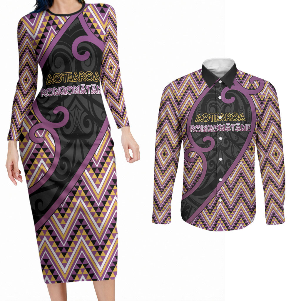 Custom Aotearoa Atua Rongomatane Couples Matching Long Sleeve Bodycon Dress and Long Sleeve Button Shirt God Of Cultivated Foods Koru Patterns