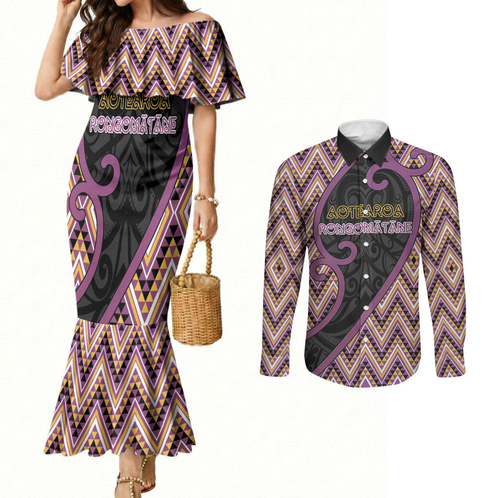 Custom Aotearoa Atua Rongomatane Couples Matching Mermaid Dress and Long Sleeve Button Shirt God Of Cultivated Foods Koru Patterns