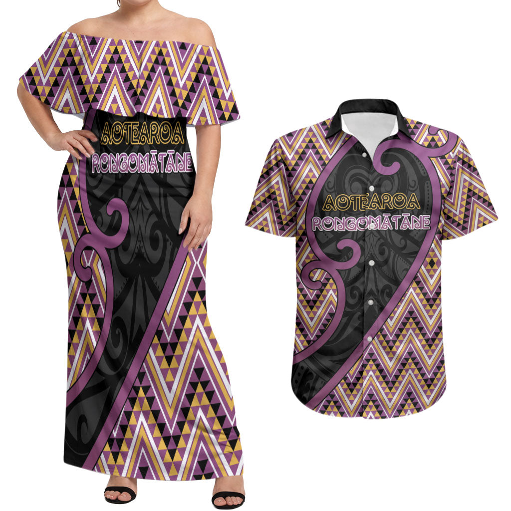 Custom Aotearoa Atua Rongomatane Couples Matching Off Shoulder Maxi Dress and Hawaiian Shirt God Of Cultivated Foods Koru Patterns