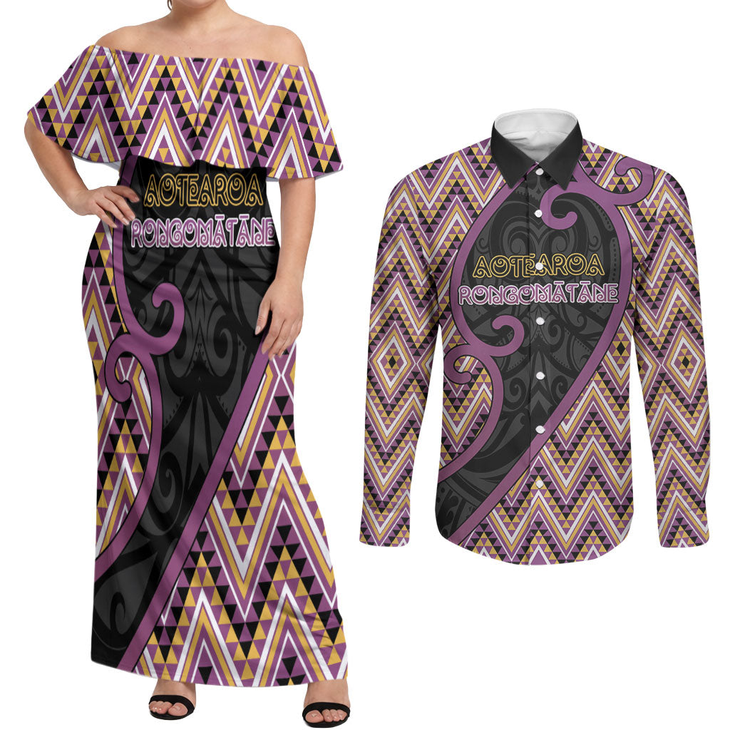 Custom Aotearoa Atua Rongomatane Couples Matching Off Shoulder Maxi Dress and Long Sleeve Button Shirt God Of Cultivated Foods Koru Patterns