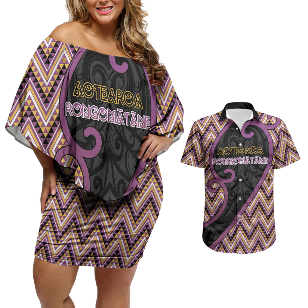 Custom Aotearoa Atua Rongomatane Couples Matching Off Shoulder Short Dress and Hawaiian Shirt God Of Cultivated Foods Koru Patterns