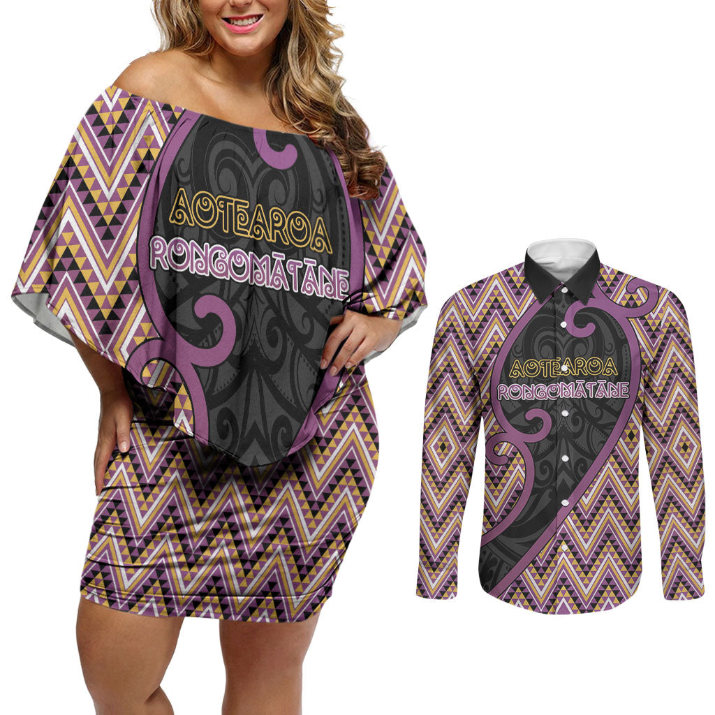 Custom Aotearoa Atua Rongomatane Couples Matching Off Shoulder Short Dress and Long Sleeve Button Shirt God Of Cultivated Foods Koru Patterns