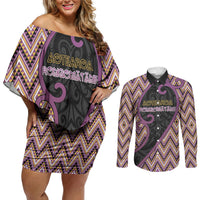 Custom Aotearoa Atua Rongomatane Couples Matching Off Shoulder Short Dress and Long Sleeve Button Shirt God Of Cultivated Foods Koru Patterns