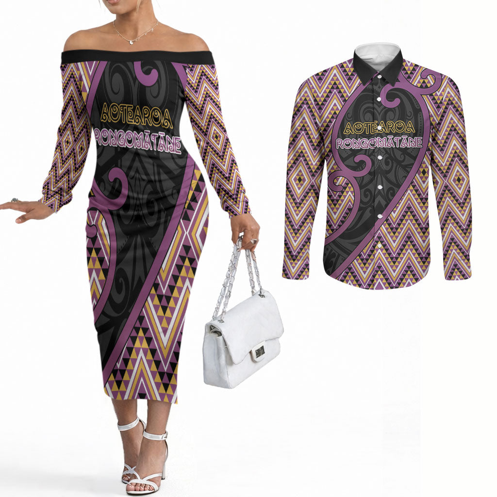 Custom Aotearoa Atua Rongomatane Couples Matching Off The Shoulder Long Sleeve Dress and Long Sleeve Button Shirt God Of Cultivated Foods Koru Patterns