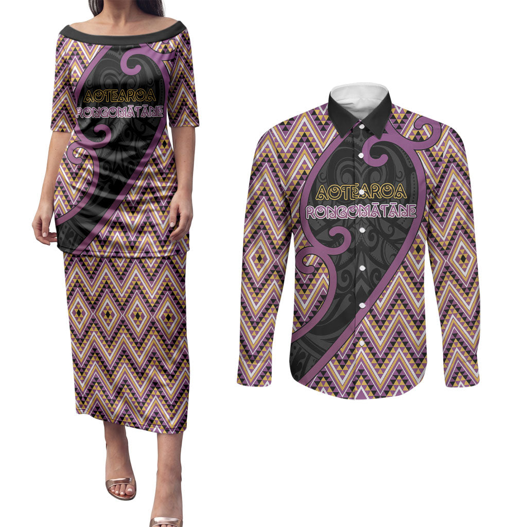 Custom Aotearoa Atua Rongomatane Couples Matching Puletasi and Long Sleeve Button Shirt God Of Cultivated Foods Koru Patterns