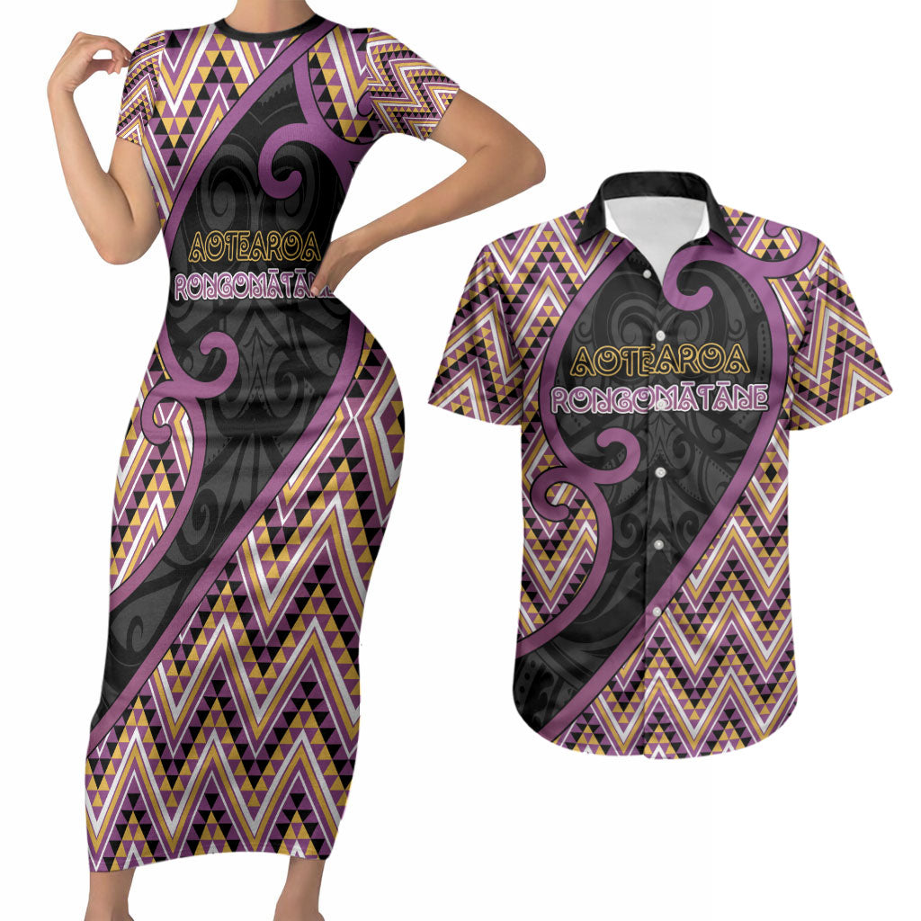 Custom Aotearoa Atua Rongomatane Couples Matching Short Sleeve Bodycon Dress and Hawaiian Shirt God Of Cultivated Foods Koru Patterns
