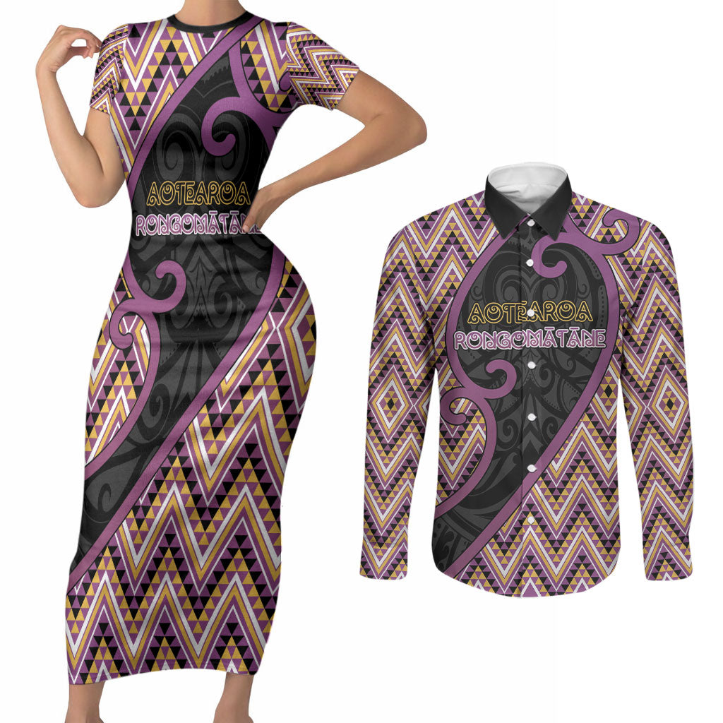 Custom Aotearoa Atua Rongomatane Couples Matching Short Sleeve Bodycon Dress and Long Sleeve Button Shirt God Of Cultivated Foods Koru Patterns