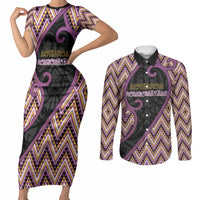 Custom Aotearoa Atua Rongomatane Couples Matching Short Sleeve Bodycon Dress and Long Sleeve Button Shirt God Of Cultivated Foods Koru Patterns