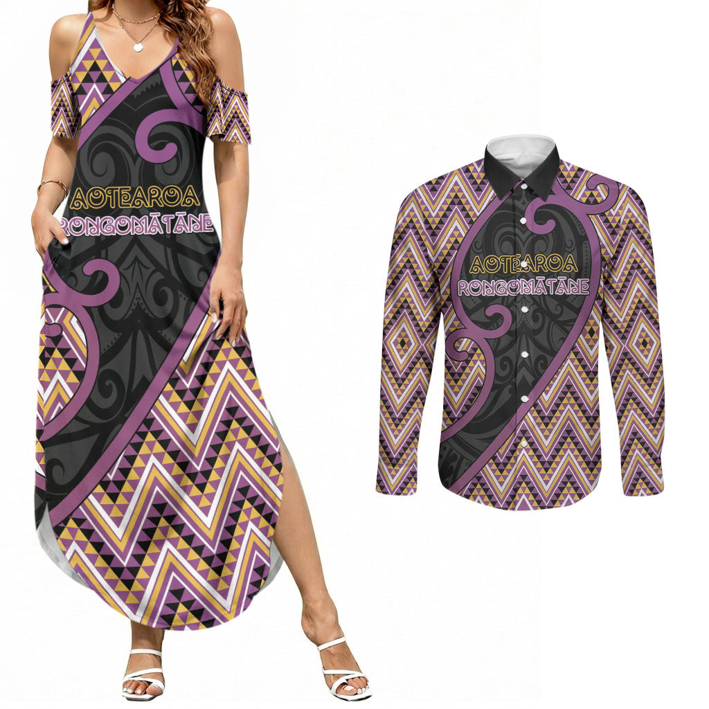 Custom Aotearoa Atua Rongomatane Couples Matching Summer Maxi Dress and Long Sleeve Button Shirt God Of Cultivated Foods Koru Patterns