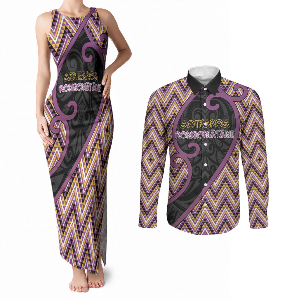 Custom Aotearoa Atua Rongomatane Couples Matching Tank Maxi Dress and Long Sleeve Button Shirt God Of Cultivated Foods Koru Patterns