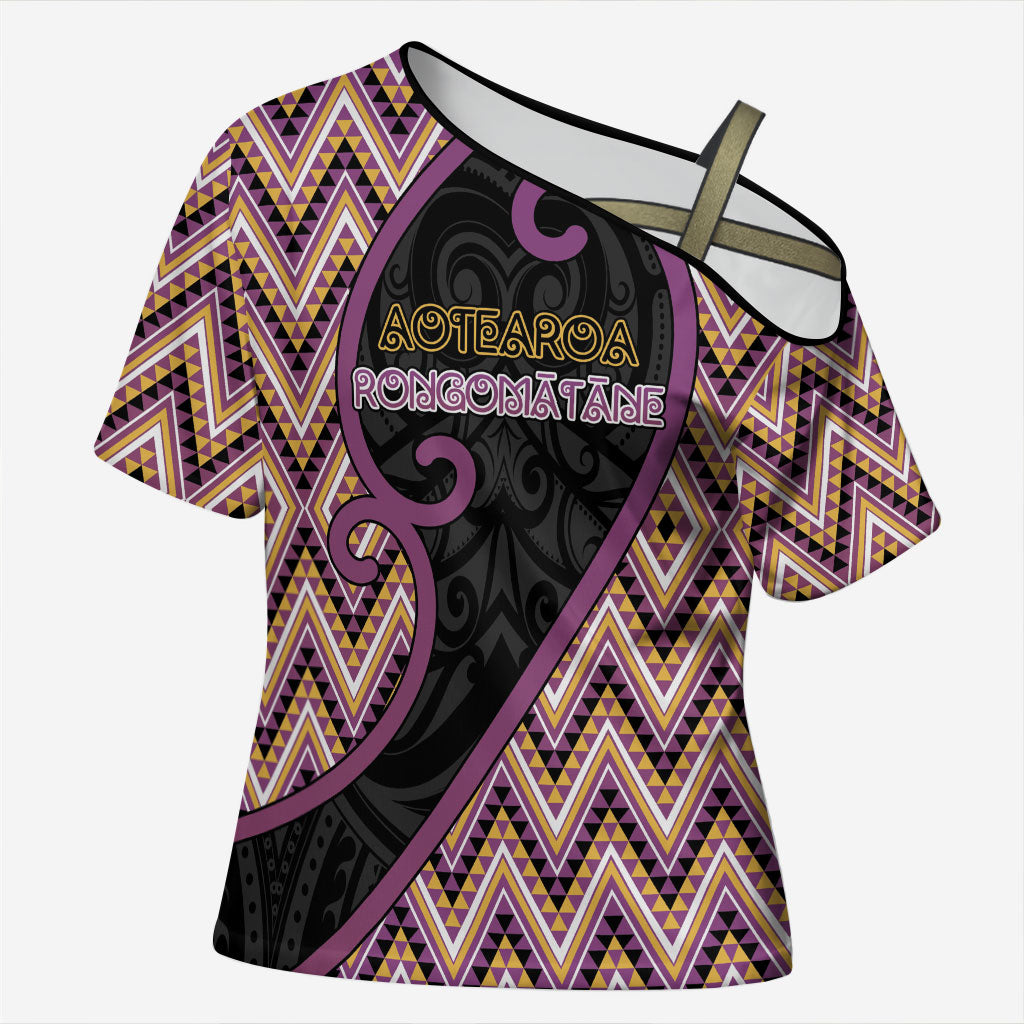 Custom Aotearoa Atua Rongomatane Cross Shoulder Shirt God Of Cultivated Foods Koru Patterns