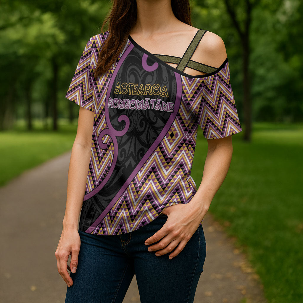 Custom Aotearoa Atua Rongomatane Cross Shoulder Shirt God Of Cultivated Foods Koru Patterns