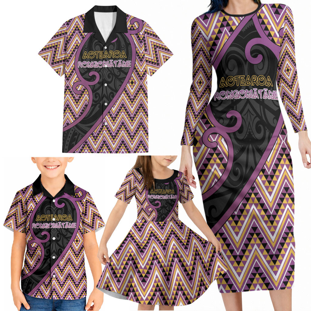 Custom Aotearoa Atua Rongomatane Family Matching Long Sleeve Bodycon Dress and Hawaiian Shirt God Of Cultivated Foods Koru Patterns