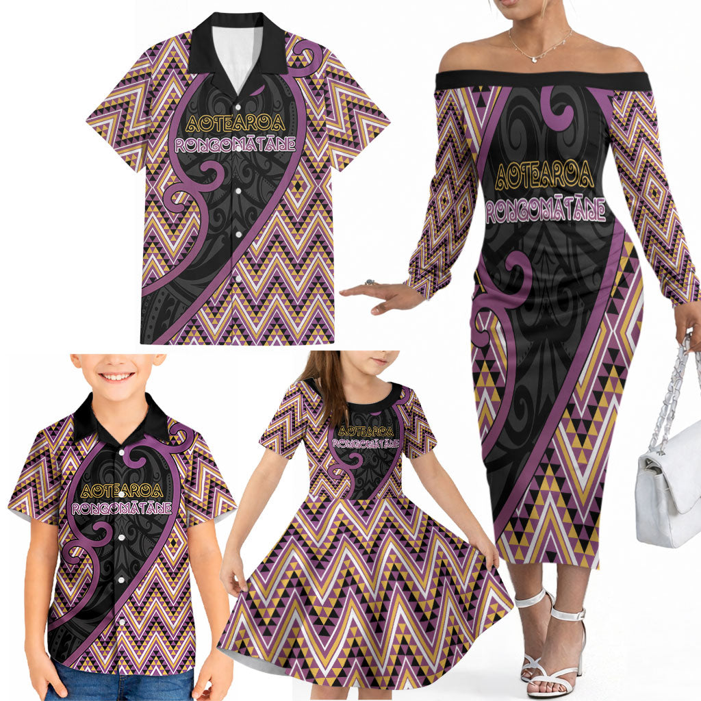 Custom Aotearoa Atua Rongomatane Family Matching Off The Shoulder Long Sleeve Dress and Hawaiian Shirt God Of Cultivated Foods Koru Patterns