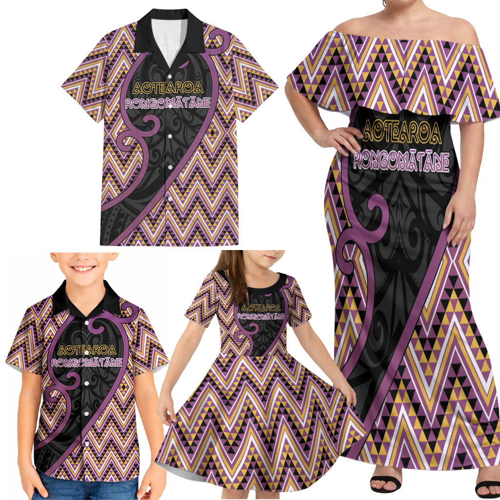 Custom Aotearoa Atua Rongomatane Family Matching Off Shoulder Maxi Dress and Hawaiian Shirt God Of Cultivated Foods Koru Patterns