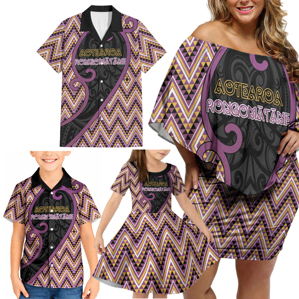 Custom Aotearoa Atua Rongomatane Family Matching Off Shoulder Short Dress and Hawaiian Shirt God Of Cultivated Foods Koru Patterns