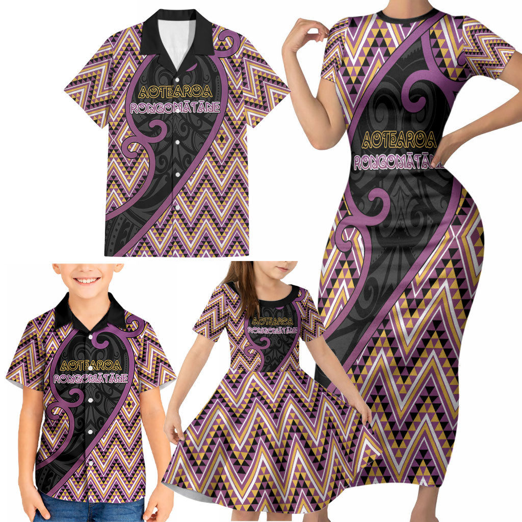 Custom Aotearoa Atua Rongomatane Family Matching Short Sleeve Bodycon Dress and Hawaiian Shirt God Of Cultivated Foods Koru Patterns