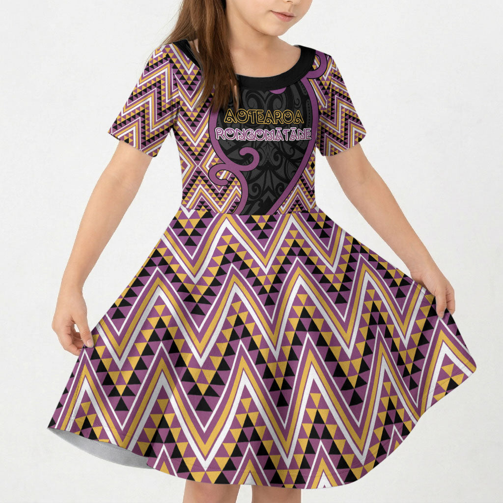 Custom Aotearoa Atua Rongomatane Kid Short Sleeve Dress God Of Cultivated Foods Koru Patterns