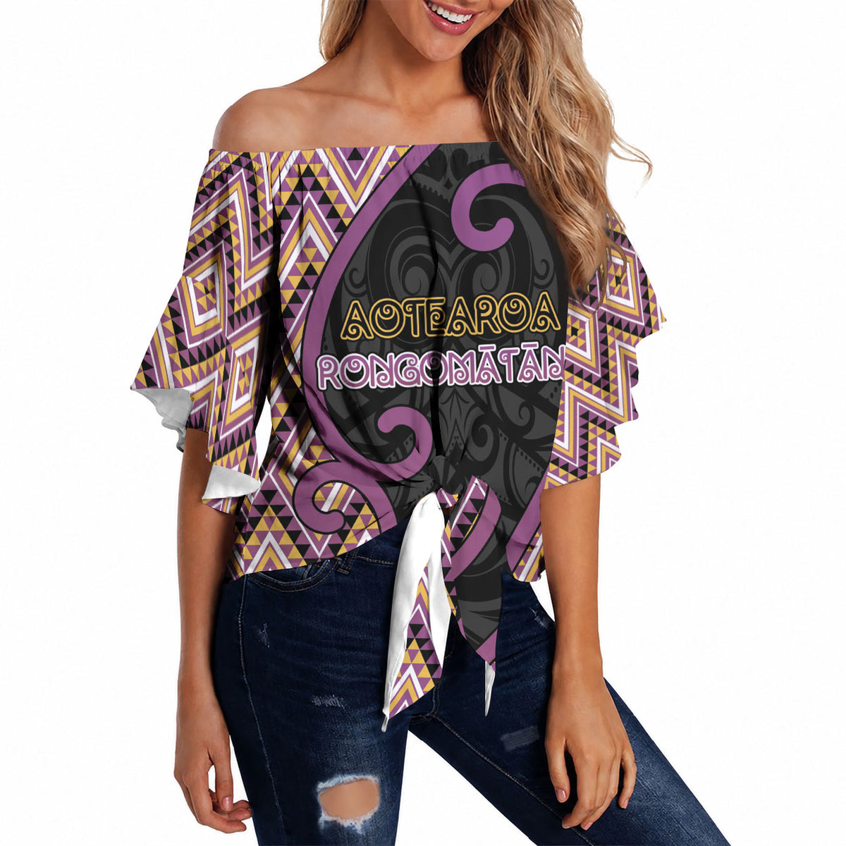 Custom Aotearoa Atua Rongomatane Off Shoulder Wrap Waist Top God Of Cultivated Foods Koru Patterns