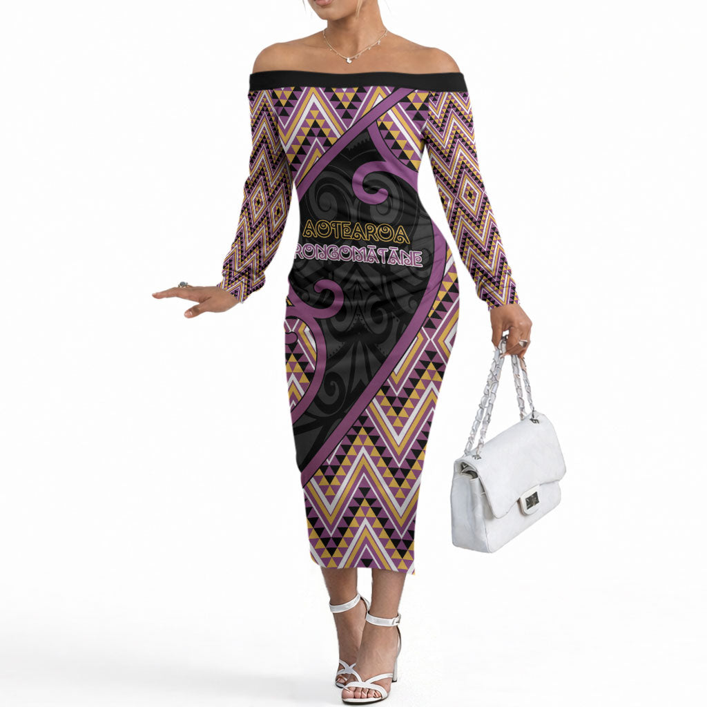 Custom Aotearoa Atua Rongomatane Off The Shoulder Long Sleeve Dress God Of Cultivated Foods Koru Patterns