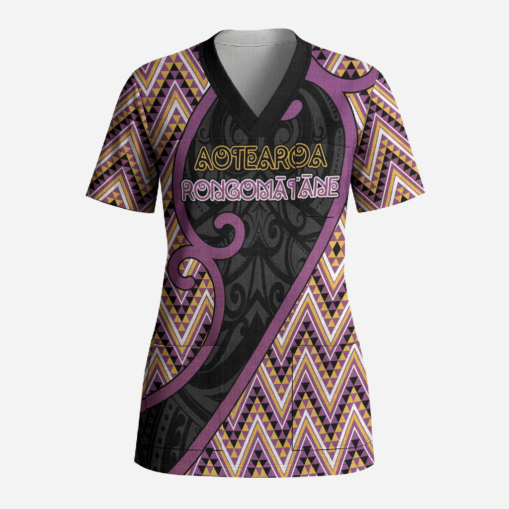Custom Aotearoa Atua Rongomatane Scrub Top God Of Cultivated Foods Koru Patterns