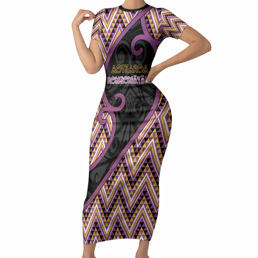 Custom Aotearoa Atua Rongomatane Short Sleeve Bodycon Dress God Of Cultivated Foods Koru Patterns