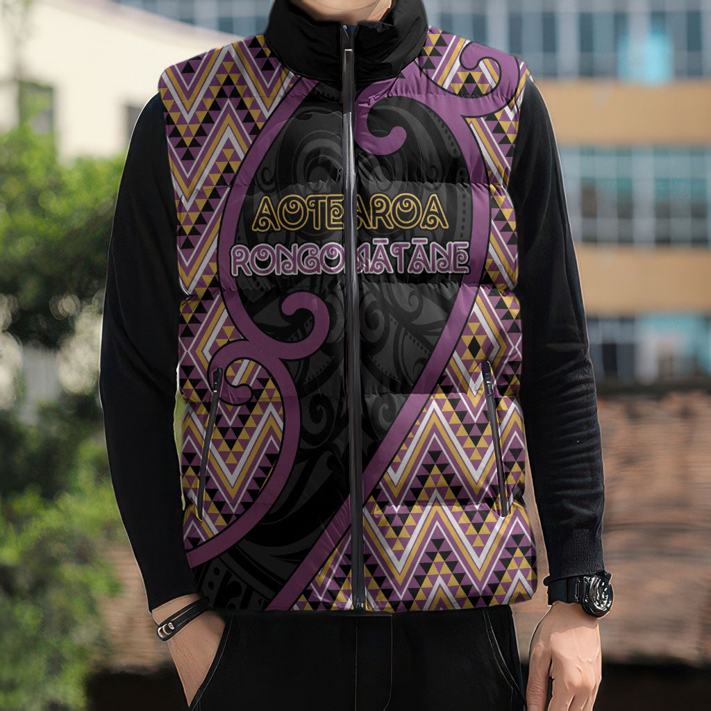 Custom Aotearoa Atua Rongomatane Sleeveless Puffer Jacket God Of Cultivated Foods Koru Patterns