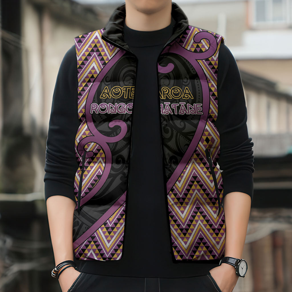 Custom Aotearoa Atua Rongomatane Sleeveless Puffer Jacket God Of Cultivated Foods Koru Patterns