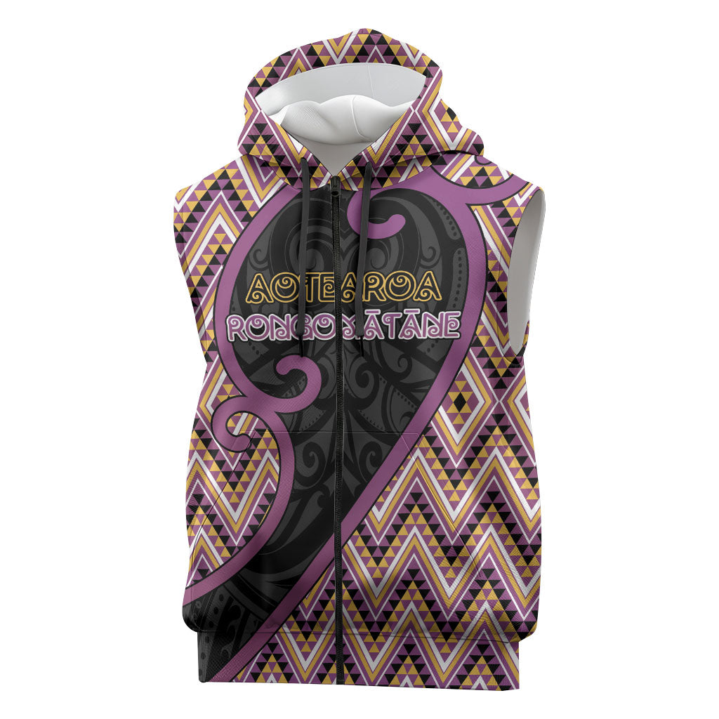 Custom Aotearoa Atua Rongomatane Sleeveless Zip Hoodie God Of Cultivated Foods Koru Patterns