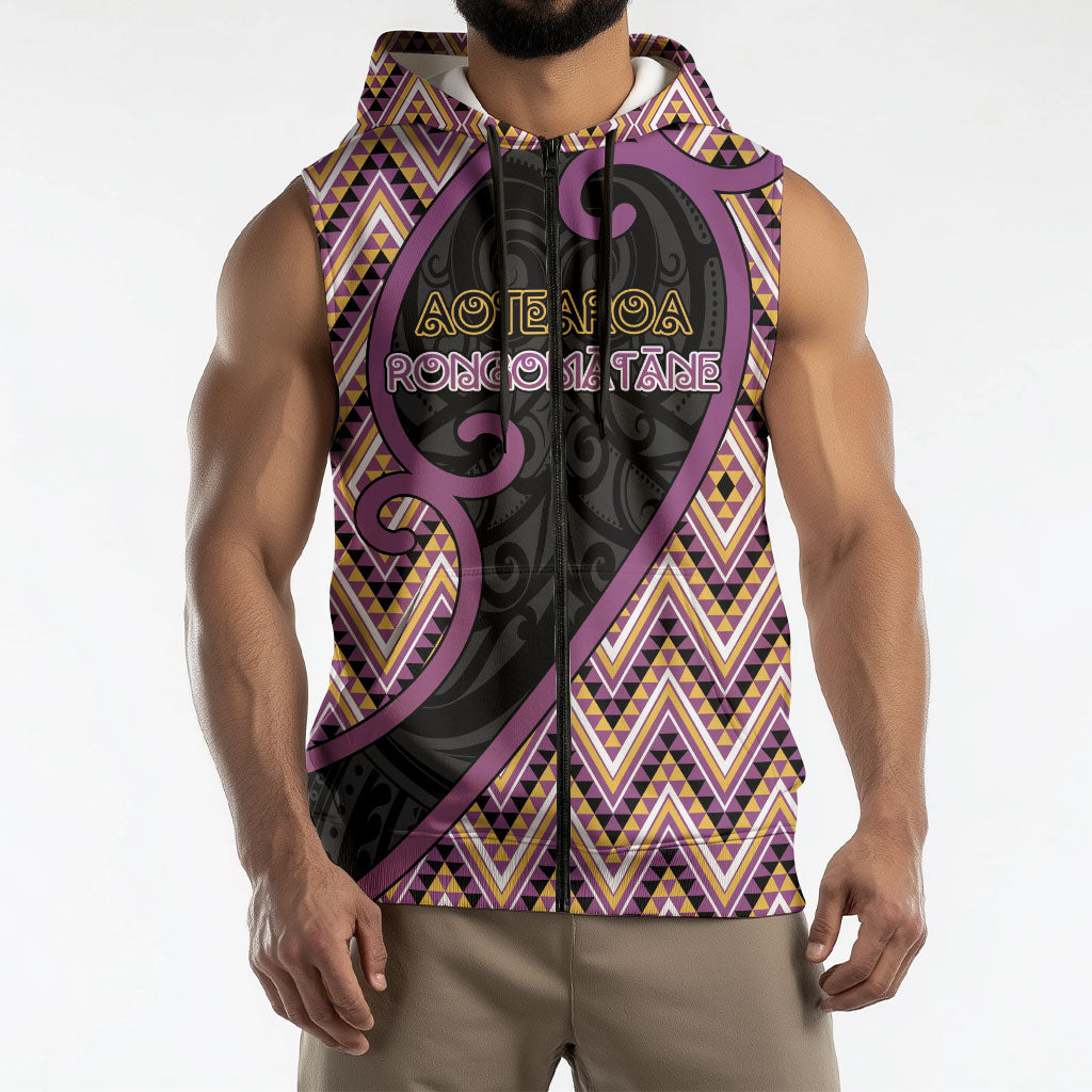 Custom Aotearoa Atua Rongomatane Sleeveless Zip Hoodie God Of Cultivated Foods Koru Patterns