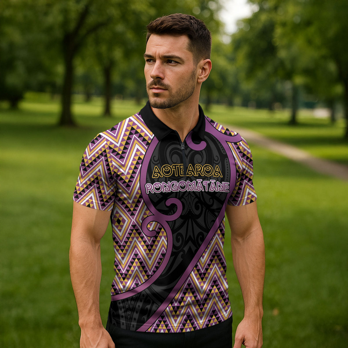 Custom Aotearoa Atua Rongomatane Zipper Polo Shirt God Of Cultivated Foods Koru Patterns