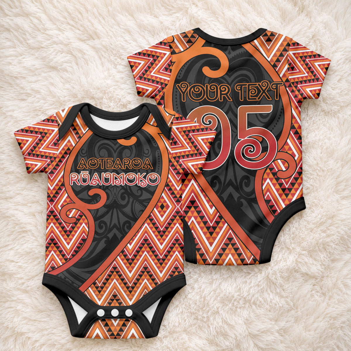 Custom Aotearoa Atua Ruaumoko Baby Onesie God Of Volcanoes Koru Patterns
