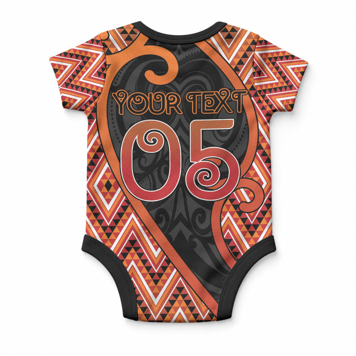 Custom Aotearoa Atua Ruaumoko Baby Onesie God Of Volcanoes Koru Patterns