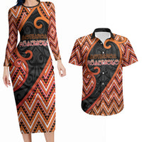 Custom Aotearoa Atua Ruaumoko Couples Matching Long Sleeve Bodycon Dress and Hawaiian Shirt God Of Volcanoes Koru Patterns