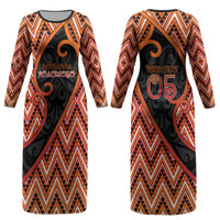 Custom Aotearoa Atua Ruaumoko Couples Matching Long Sleeve Bodycon Dress and Hawaiian Shirt God Of Volcanoes Koru Patterns