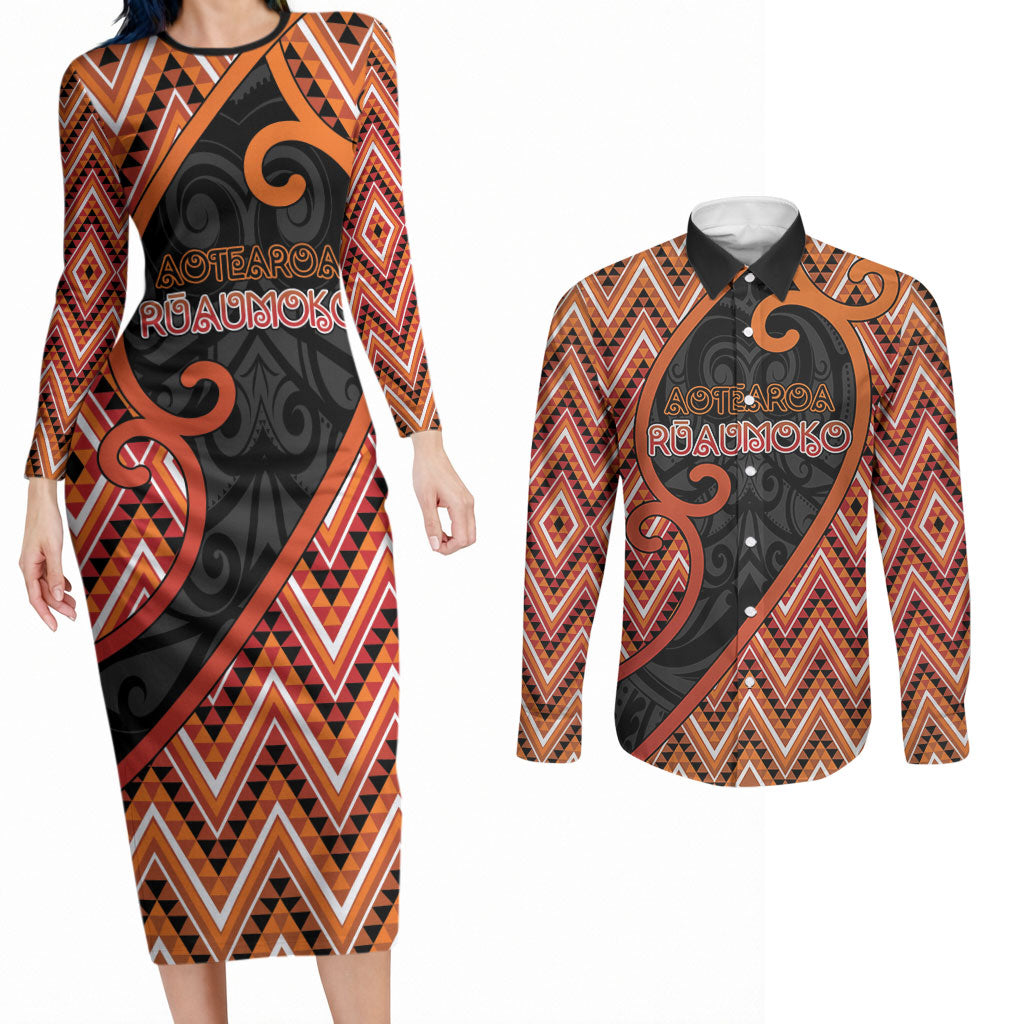 Custom Aotearoa Atua Ruaumoko Couples Matching Long Sleeve Bodycon Dress and Long Sleeve Button Shirt God Of Volcanoes Koru Patterns