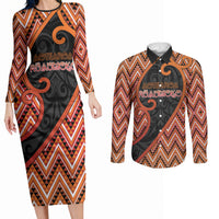 Custom Aotearoa Atua Ruaumoko Couples Matching Long Sleeve Bodycon Dress and Long Sleeve Button Shirt God Of Volcanoes Koru Patterns
