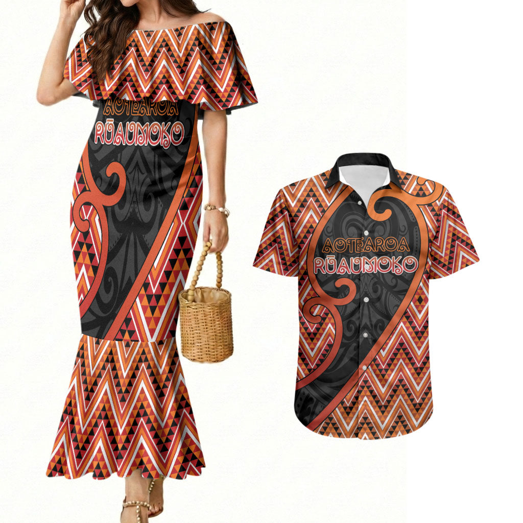 Custom Aotearoa Atua Ruaumoko Couples Matching Mermaid Dress and Hawaiian Shirt God Of Volcanoes Koru Patterns
