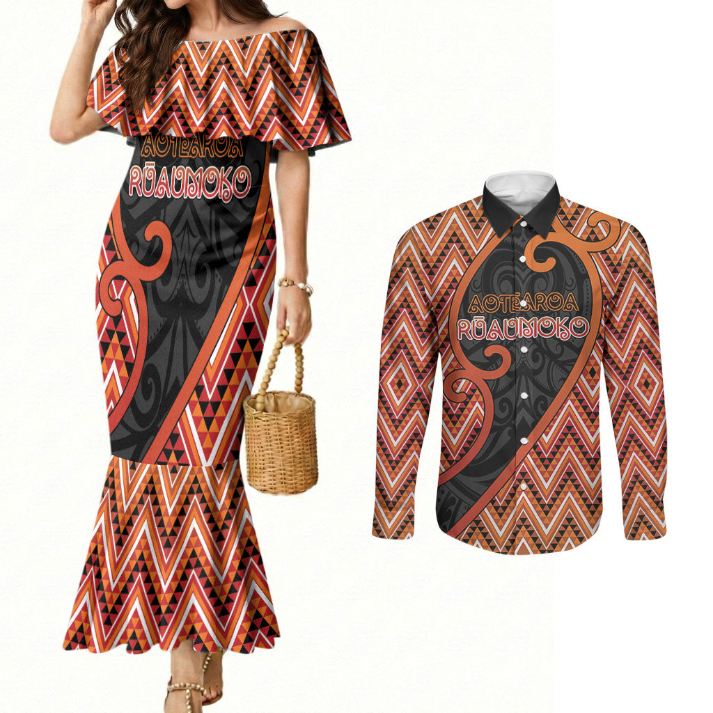 Custom Aotearoa Atua Ruaumoko Couples Matching Mermaid Dress and Long Sleeve Button Shirt God Of Volcanoes Koru Patterns
