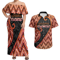 Custom Aotearoa Atua Ruaumoko Couples Matching Off Shoulder Maxi Dress and Hawaiian Shirt God Of Volcanoes Koru Patterns