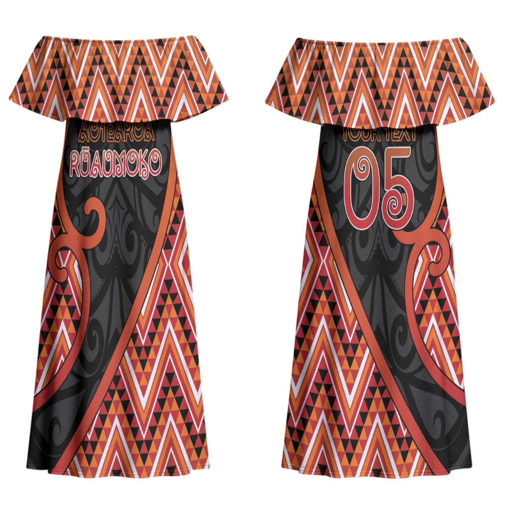 Custom Aotearoa Atua Ruaumoko Couples Matching Off Shoulder Maxi Dress and Hawaiian Shirt God Of Volcanoes Koru Patterns