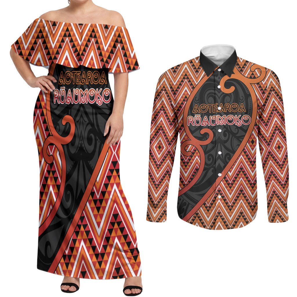 Custom Aotearoa Atua Ruaumoko Couples Matching Off Shoulder Maxi Dress and Long Sleeve Button Shirt God Of Volcanoes Koru Patterns