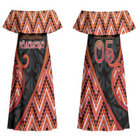 Custom Aotearoa Atua Ruaumoko Couples Matching Off Shoulder Maxi Dress and Long Sleeve Button Shirt God Of Volcanoes Koru Patterns