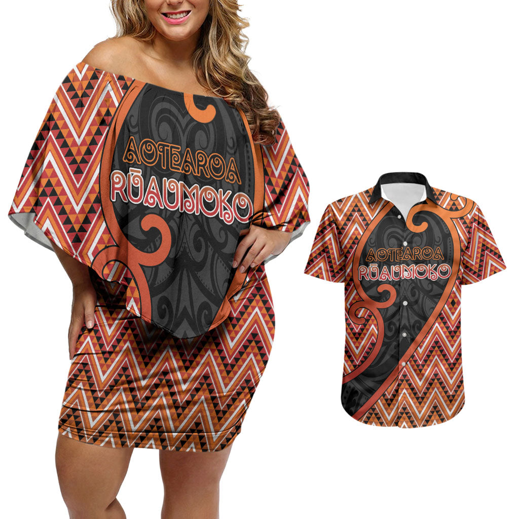 Custom Aotearoa Atua Ruaumoko Couples Matching Off Shoulder Short Dress and Hawaiian Shirt God Of Volcanoes Koru Patterns